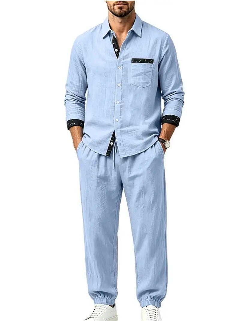 New linen print men's two-piece set, lapel pocket long sleeved shirt, elastic waist long pants, business vacation casual set