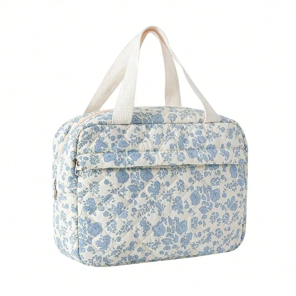 

Capacity Quilted Makeup Bag,Aesthetic Portable Cosmetic Bag,Large WideOpen Travel Bag For Toiletries,Coquette Floral Travel Mak