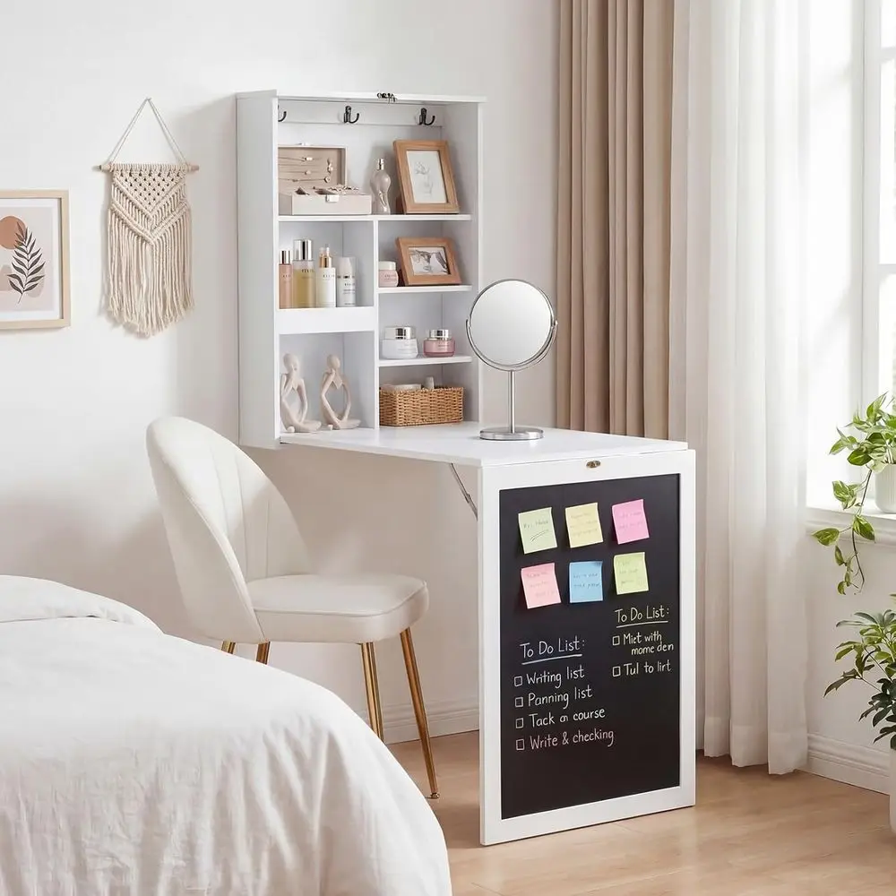 oldable Wall Mounted Desk, Convertible Writing Desk with Storage Shelves, Hooks & Chalkboard, Space-Saving old-Up Table, loating