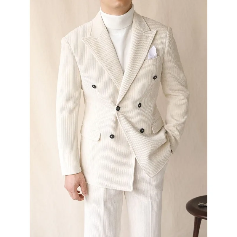 Casual Corduroy Suit Men's Winter Peaked Lapel Double-breasted Business Drape Slim Jacket