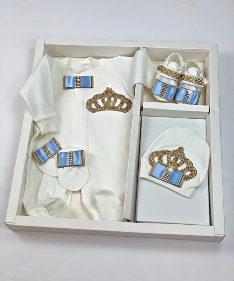 

Dollbling Baptism Outfit Boy Prince Luxury Bling Christening Coming Home Romper Bonnet Set Mittens Nursery Hospital Clothing set