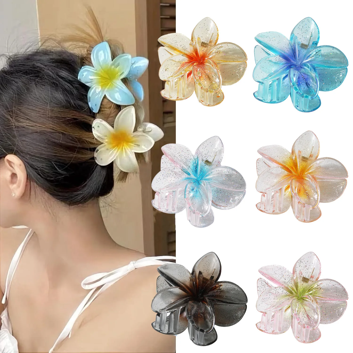 

1Pcs 8CM Fashion Sweet Pink Frangipani Acrylic Hair Clip For Women Hair Claws Crab Clamp Barrettes Hawaiian Headwear Accessories