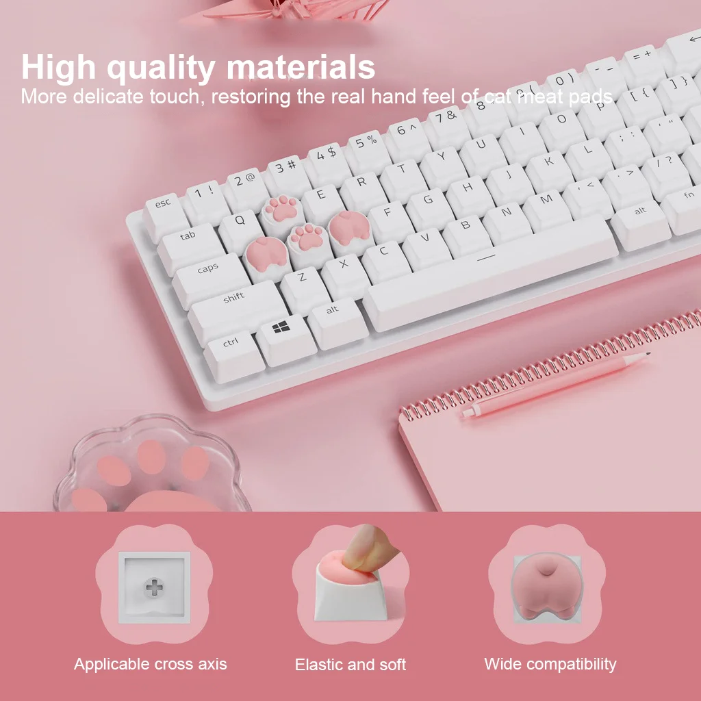 New Cute Cat Claw Cat Butt Keycap Pink Soft Silicone and ABS Keycaps Cross Axis Universal Keycap For Mechaniacal Keyboard DIY