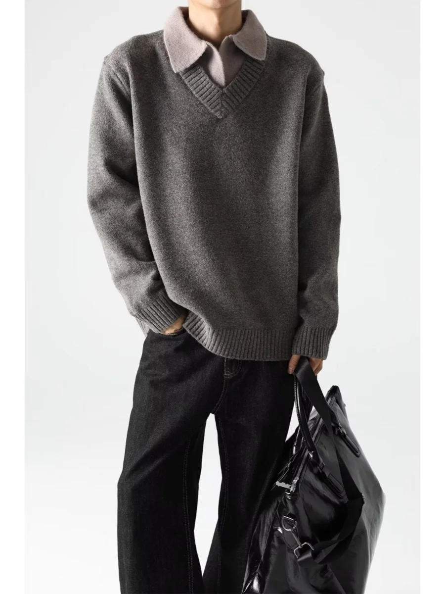 

Faionable Patchwork Men's Sweater Loose Casual Sle Winter Outerwear Long Sve Collar Comfortable Breathable Knitwear