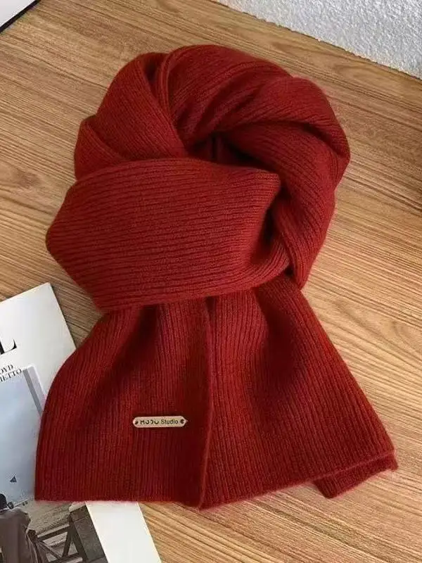 thiened-lenco-de-malha-vermelho-feminino-inverno-faion-cor-pura-borgonha-coreano-sle-versatil-quente-aconchegante-camere-envoltorio