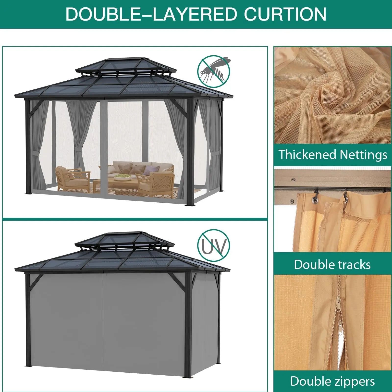 

Custom Size Outdoor Double Roof Aluminium Garden Gazebo Waterproof Hardtop Gazebo With Steel Curtain Netting