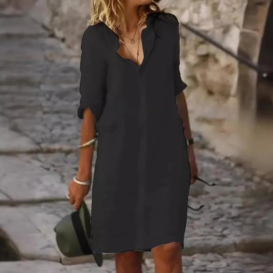 Irt Dr informal de lino y algodón con cuello abatible, silueta acampanada de media manga, cintura suelta cómoda para ir al trabajo y ocio