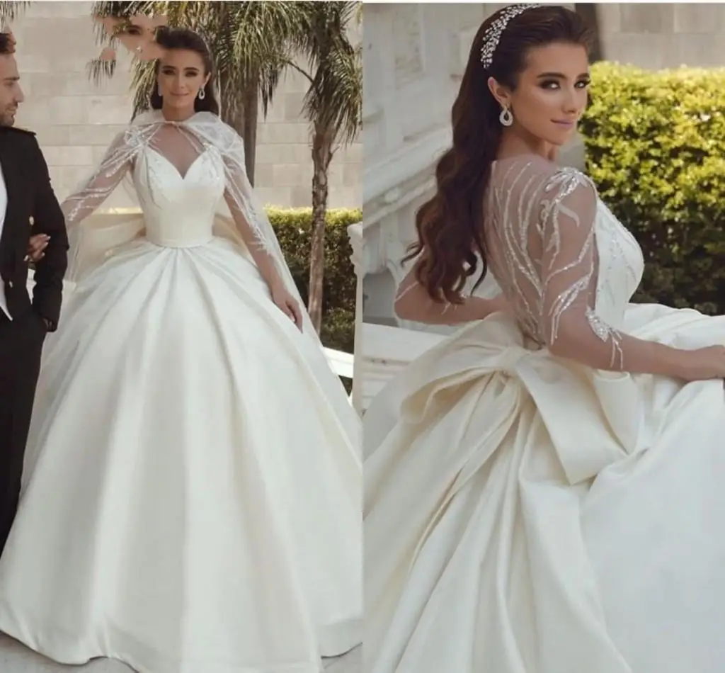 

Wonderful Satin Puffy Ballgown Wedding Dresses Vestidos Noivas Illusion Beads Long Sleeves Garden Plus Size Bridal Gowns