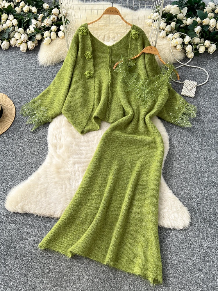 

Осенние теплые вязаные костюмы 2023, свободный кардиган с длинными рукавами и 3D цветочным принтом, корейский шикарный свитер, вязаные комплекты из двух предметов