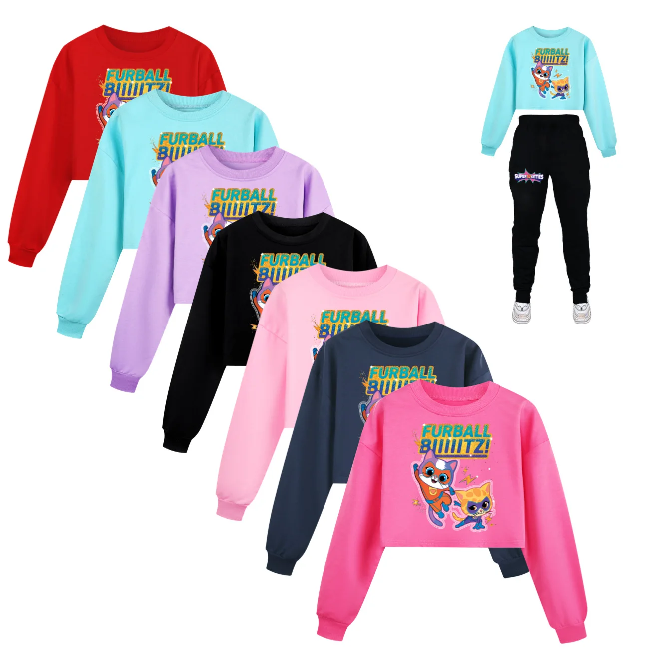 

Super Kitties Cropped Hoodies Sweatshirts Girls Hoodie Set Children Clothing Spring Hoody Kids Long sleeve Casual Tops 2237