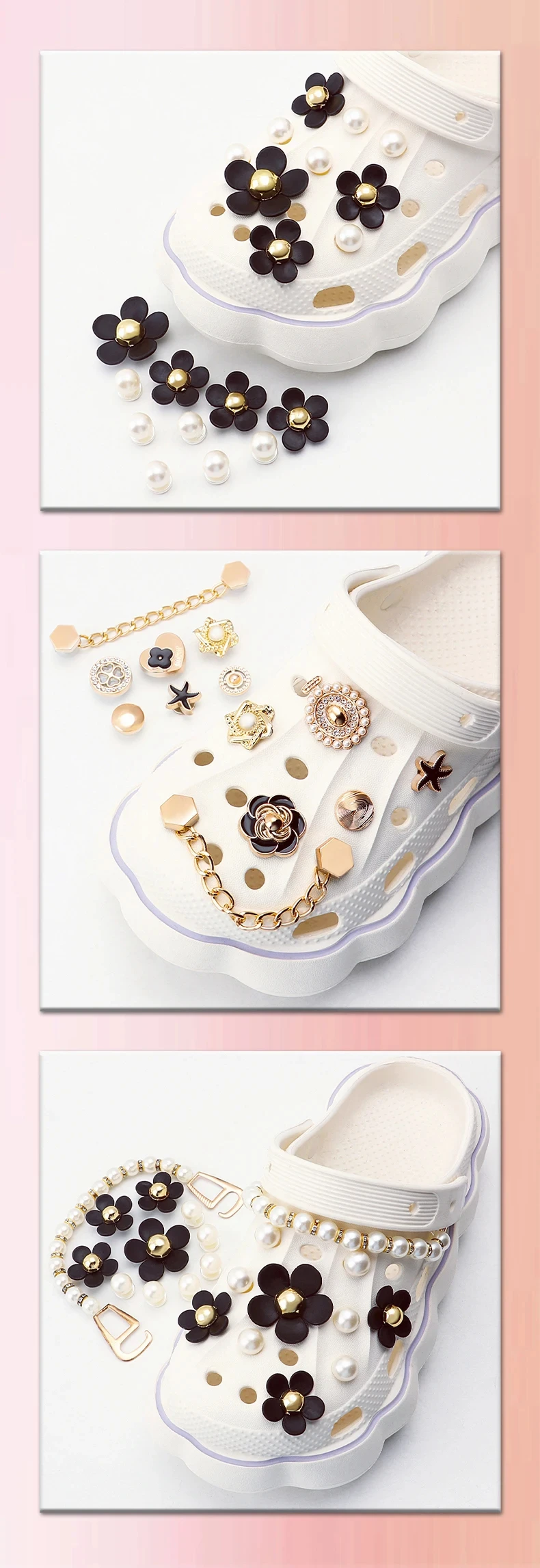 Modisches 1-Set mit Perlen, schwarzen Blumen, Schuhanhänger, Sandalen, Charms, Dekorationsset für Kinder und Frauen, Loch-Schuhzubehör, Neu – Detail 7