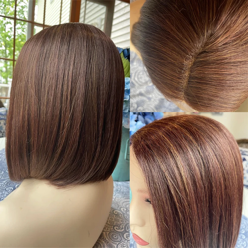 

Bob Wig Lace Front Wig Milk Chocolate Straight Brown Highlight Wig Summer Wig Cool HD Lace 13x4 Middle Parting Realisitc Look
