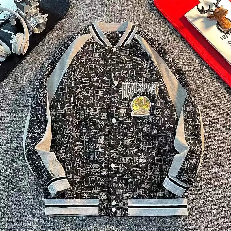 

American retro Jacket for Men Flocking Embroidery New Couple Casual top street Chinese character printing Baseball Uniform