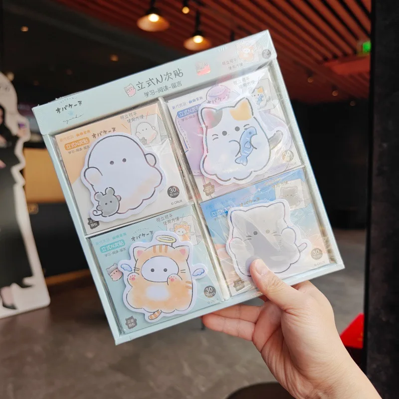 Adhesive Cartoon Sticky Notes Kawaii Cat Design Irregular Note Tearable Message Stickers Stationery Sticker for Student & Office