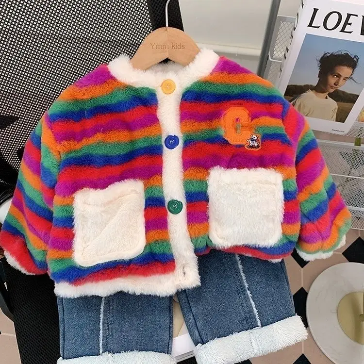 

Girls' Winter Suits Fleece-Lined Thickened 2022 New Rainbow Warm Plush Coat Jeans Two-Piece Set