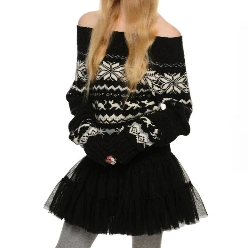 Vintage Off Shoulder Knitted Pullovers Women Sexy Korean Style Black Harajuku Sweaters Sweet Retro Y2k Print Tops