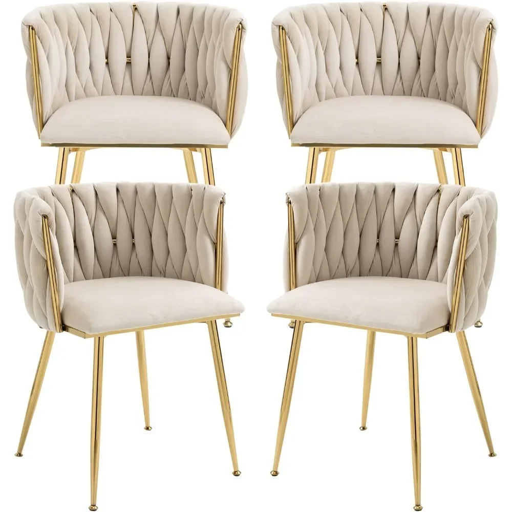 Velvet Dining Chairs Set of 4/6, Woven Upholstered Dining Chairs with Gold Metal Legs, Modern Accent Chairs for Living Room