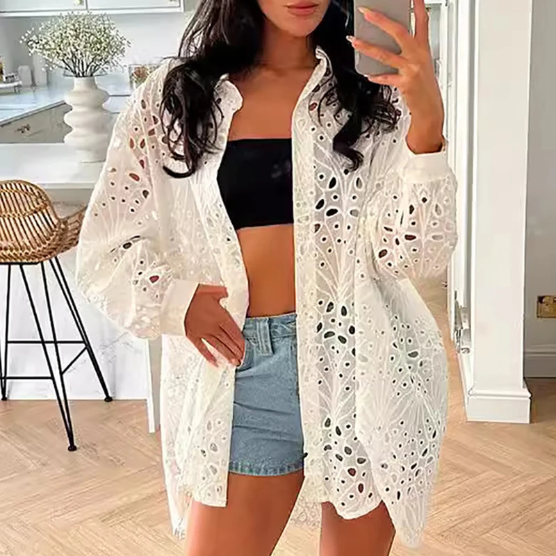 Fall New Lace Hollow Out Casual Shirts Chic Design Style Long Sleeve Flip Collar Coat Fashion Simple Beach Vacation Women Blouse