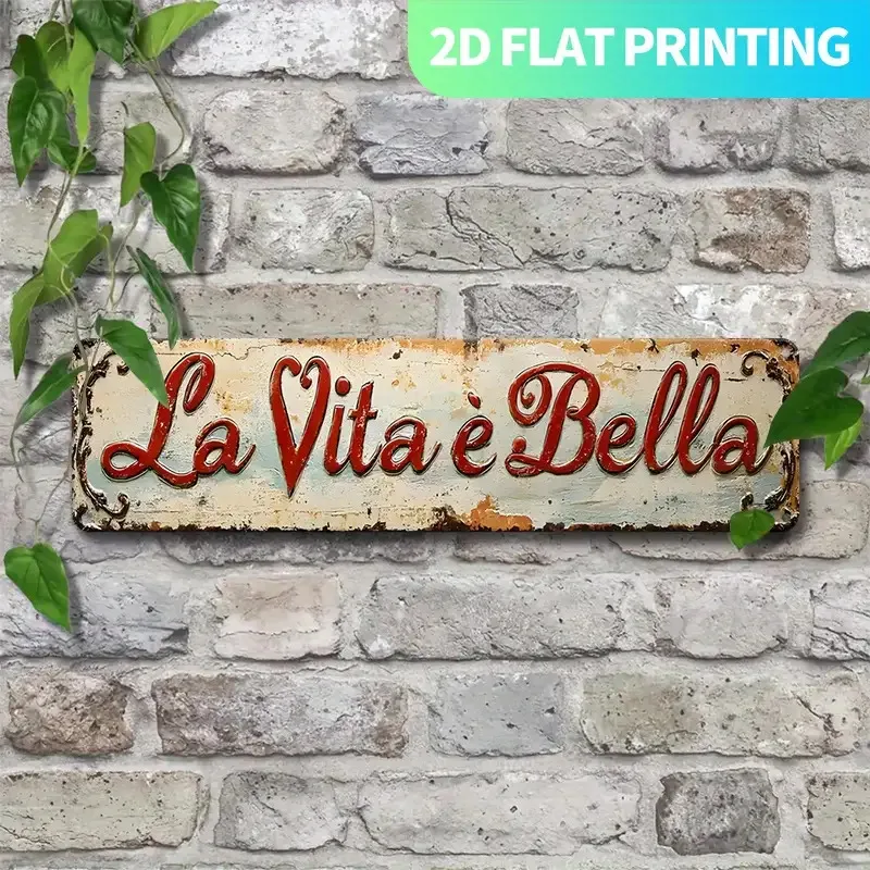 2D Flat Vintage La Vita È Bella Metal Sign, Red Beige Farmhouse Plaque for Kitchen Porch Living Room Italian Phrase Decor Gift.