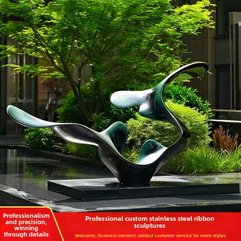 C69 stainless steel streamer sculpture custom abstract metal mirror ribbon special-shaped spiral water feature garden ornament