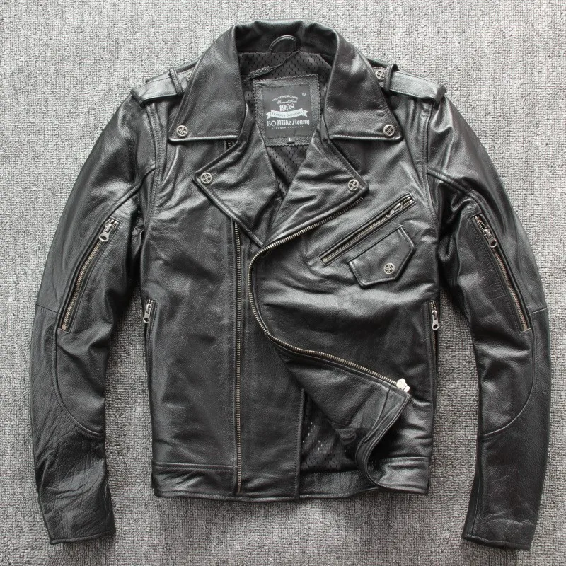 

New leather men's lapel slanted zipper top layer cowhide motorcycle suit fitted