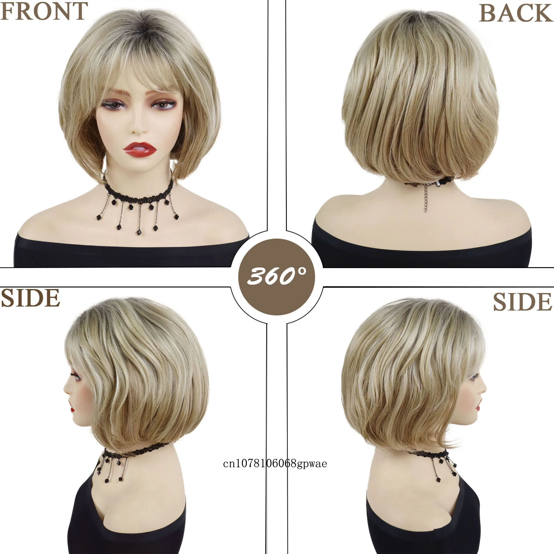 Bob Cut Natural Synthetic Hair Wig Blonde Wigs with Bangs for Women Lady Daily Dress Party Adjustable Cap Size Heat Resistant