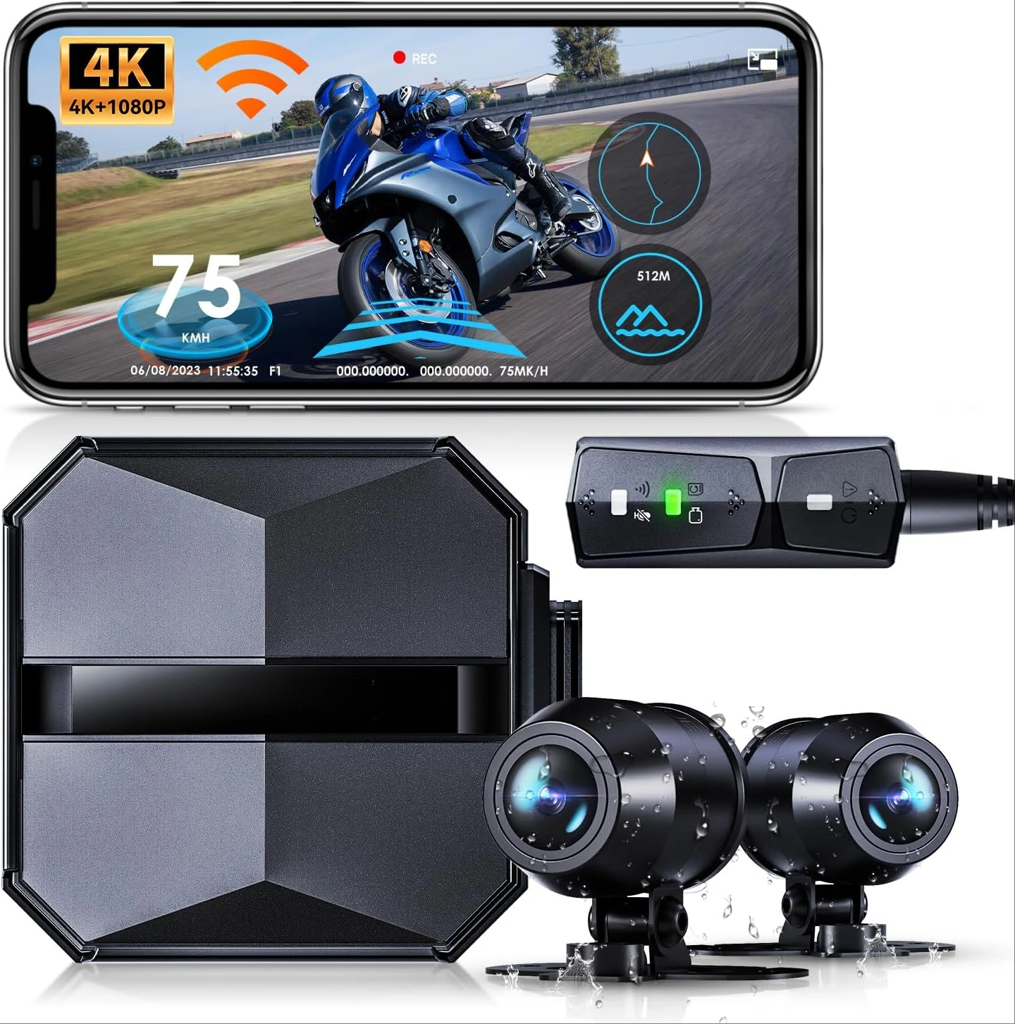 F1 Motorcycle 4K Front and Rear Dash Cam, 4K + 1080P Motorcycle Camera, GPS, Full Body Waterproof, Wi-Fi, 160°Wide Angle