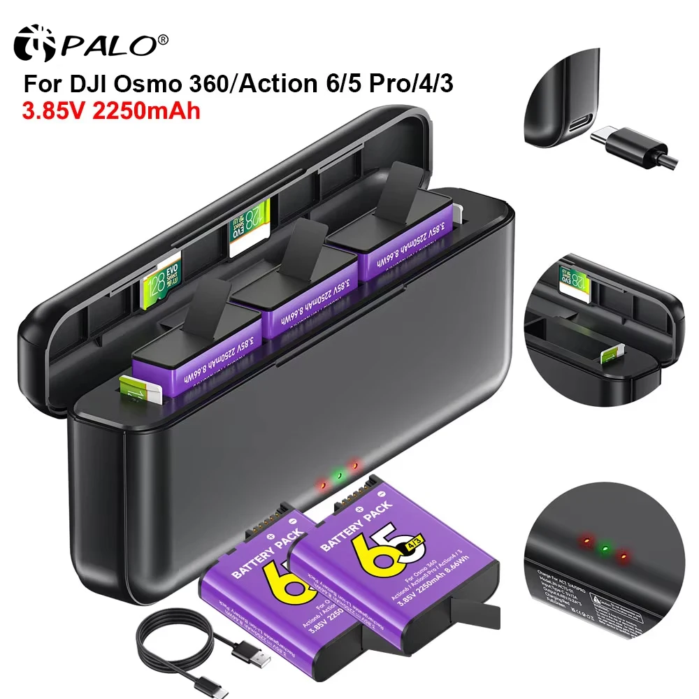 2250mAh Battery For DJI Osmo Action 6 Action 5 Pro/4 Camera Battery and 3 Slots Fast Charger For DJI Osmo Action 4/3 Osmo 360