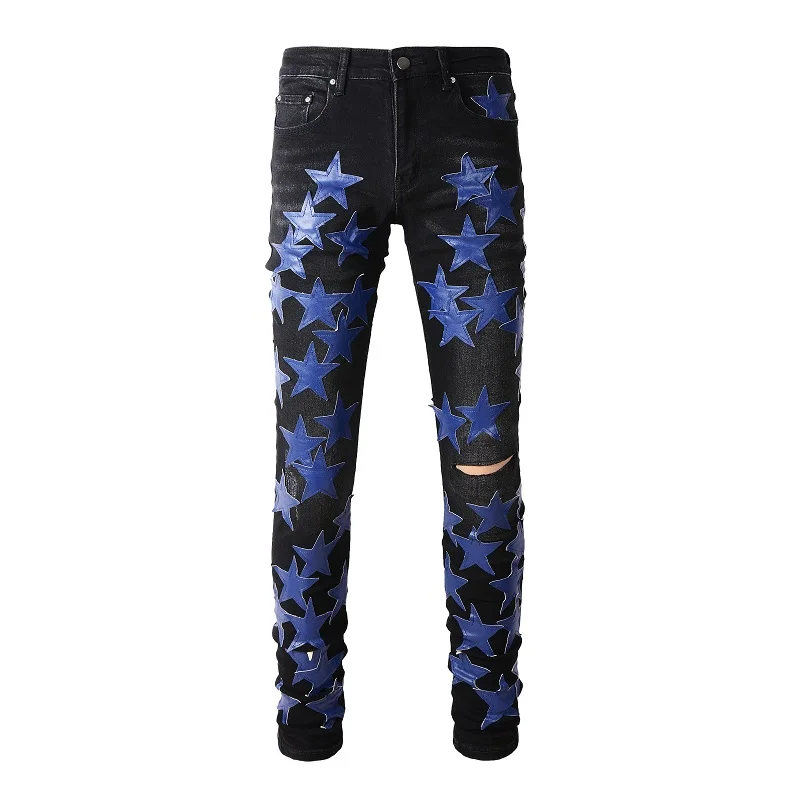 

Best Sellers Men's Distressed Streetwear Black Denim Pants Blue Stars Patchwork Moustache Holes Ripped Jeans Pants