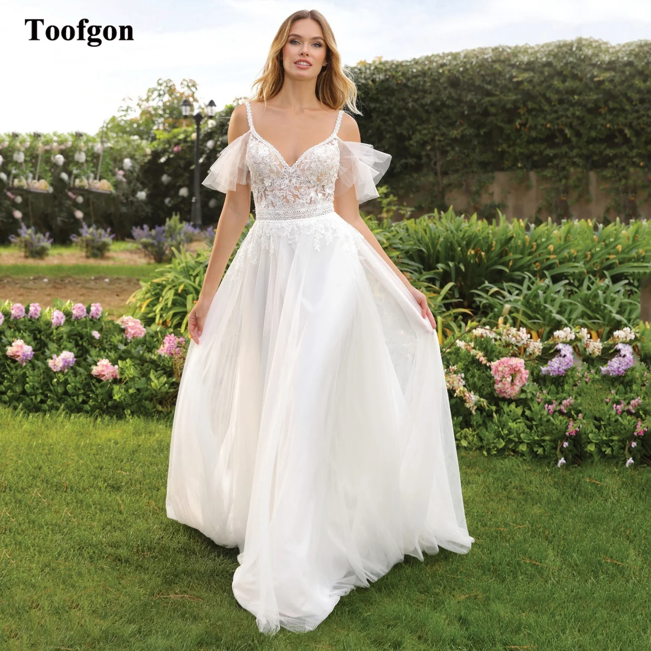 

Toofgon Bohemia Soft Tulle Bride Dresses Appliques Lace Off The Shoulder Backless Buttons Formal Party Gown Women Bridal Gowns