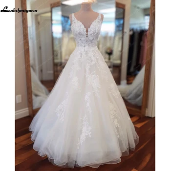 Lakshmigown Sommer Boho Spitze Fließendes Hochzeitskleid V-Ausschnitt Rückenfrei Ungefüttert Mieder Bhemian Brautkleid Vestido Blanco Maßgeschneidert
