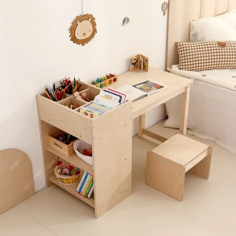 Montessori Kids Desk and Chair Set Ash Wood Plywood Toddler Study Table with Storage Unit U Stool for Nursery Home Learning