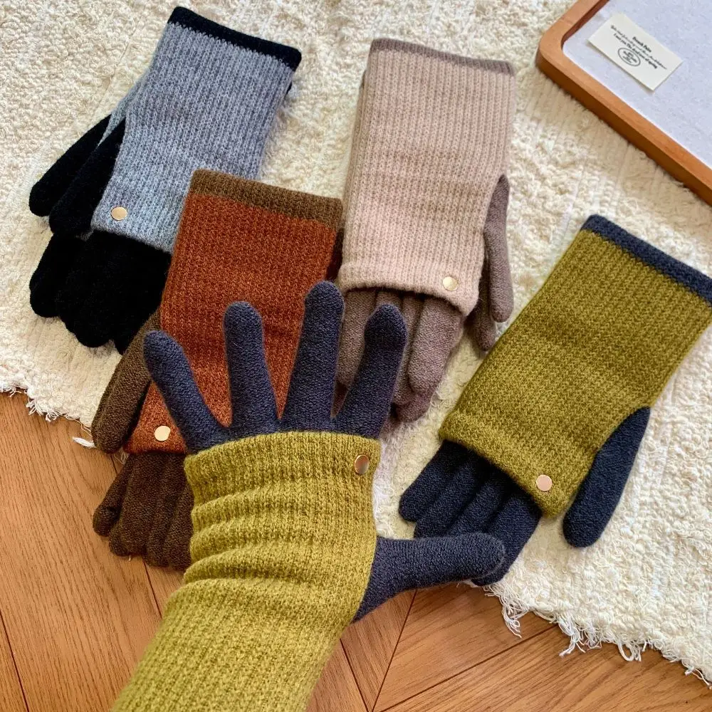 Fashion Warm Color Blocked Knitted Gloves Dual-purpose Cold-proof Winter Women Gloves Candy Colored Thicken Long Gloves Outdoor