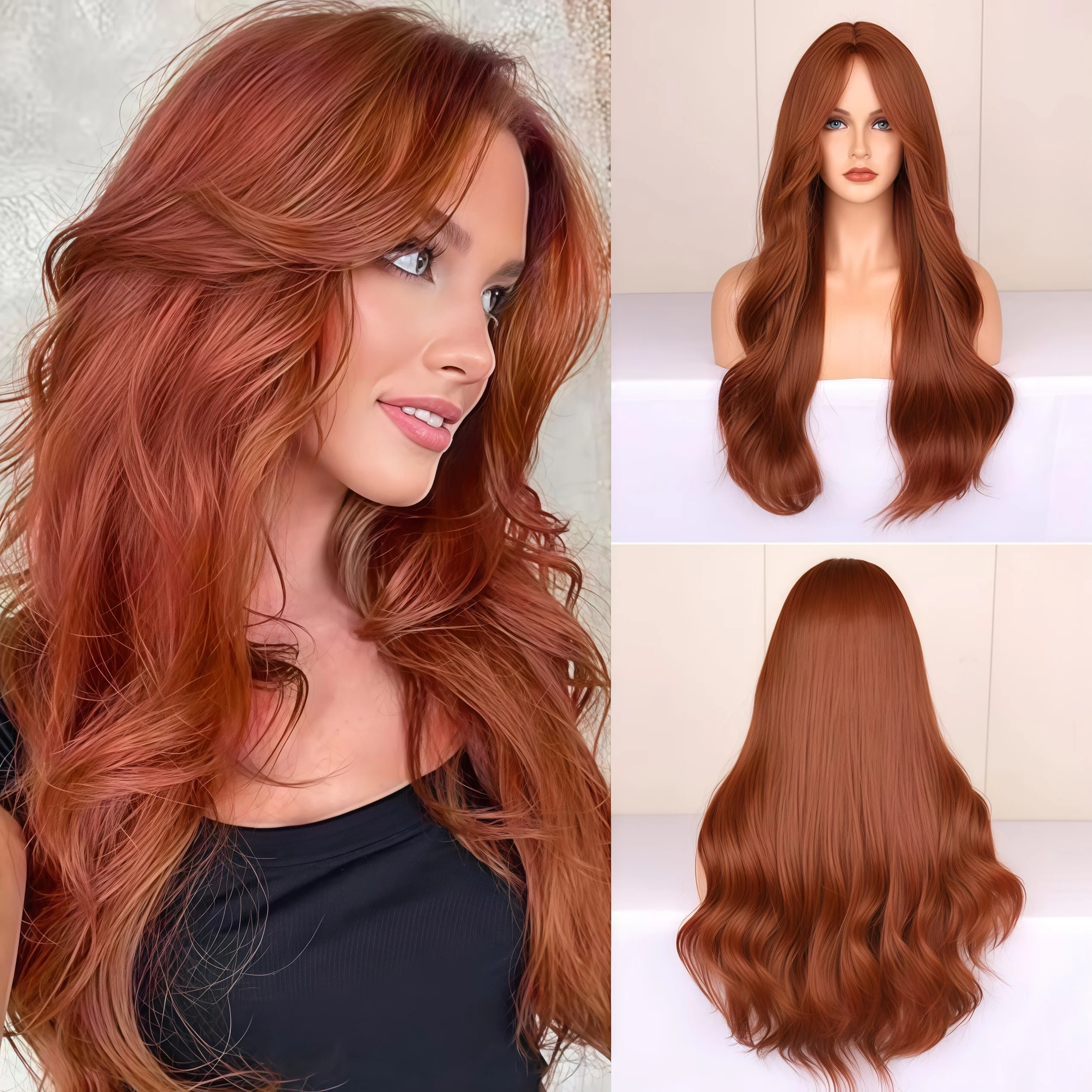 28 Inch Brown Ombre Long Wavy Synthetic Wig - Middle Part Heat Resistant Wig for Women Daily Use