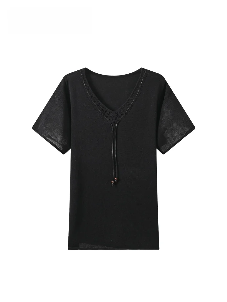

Elegant V-Neck Short Sleeve T-Shirt Women's plus Size Summer New Hollow out Design Breathable Comfortable Knitted Top