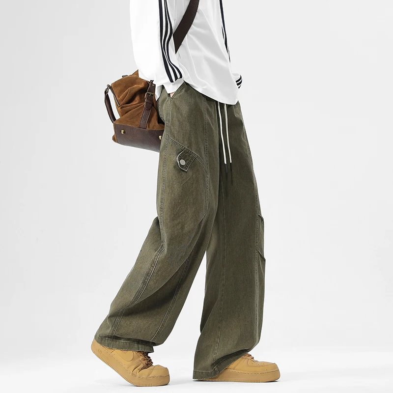 【Mirrordust】Men's Retro Loose Casual Long Pants Pure Cotton Straight Wide-Leg cargo pants for men