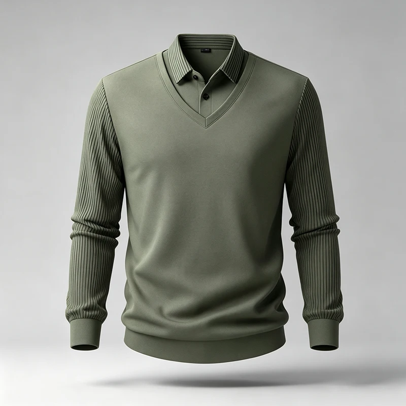 Herren-Pullover im Business-Casual-Stil, zweiteilig, mit Hemdkragen, V-Ausschnitt, gerippt, langärmelig, ideal für Reisen, Einkäufe und den täglichen Gebrauch in der Stadt. – Detail 3