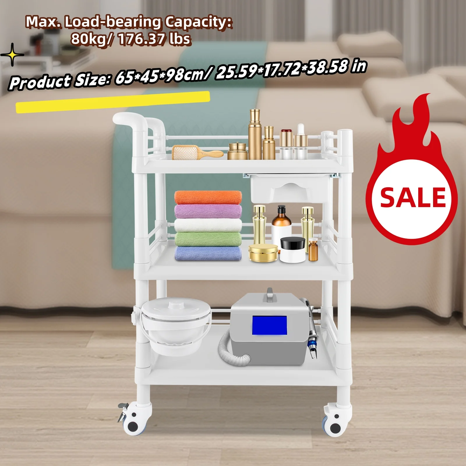 3 Tiers Cosmetic Carts  Salon Wheelcart Barber Storage Cart Rolling Tool Trolley with Wheels 80kg Capacity