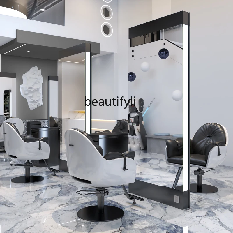 Simple Hair Salon Barber Shop Dressing Table Barber Shop Stainless Steel Single Double-Sided Floor Mirror Hair Cutting Mirror