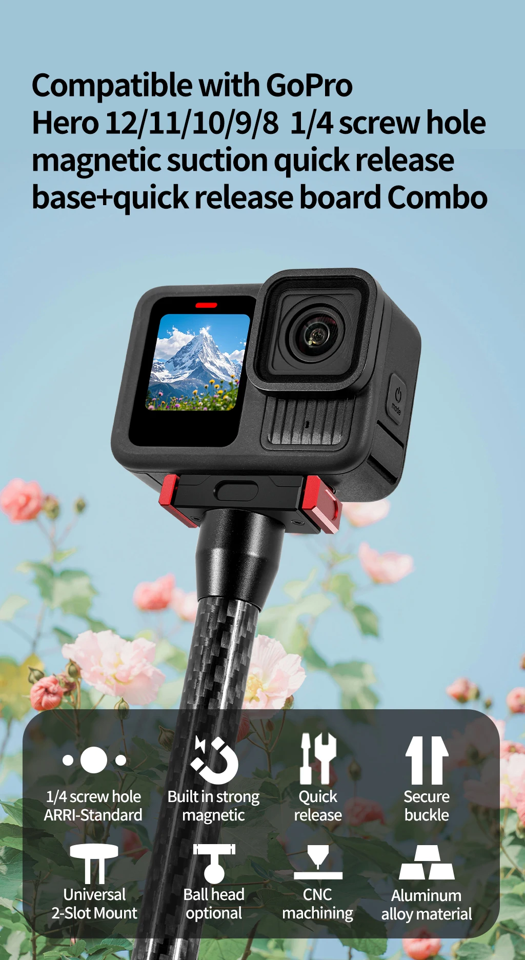 Magnetisches Schnellverschluss-Basisset für Gopro Hero 12, 11, 10, 9, 8, 7, Mini Max Action-Kamera-Zubehör, 1/4 Zoll ARRI-Halterung, Stativhalterung – Detail 1