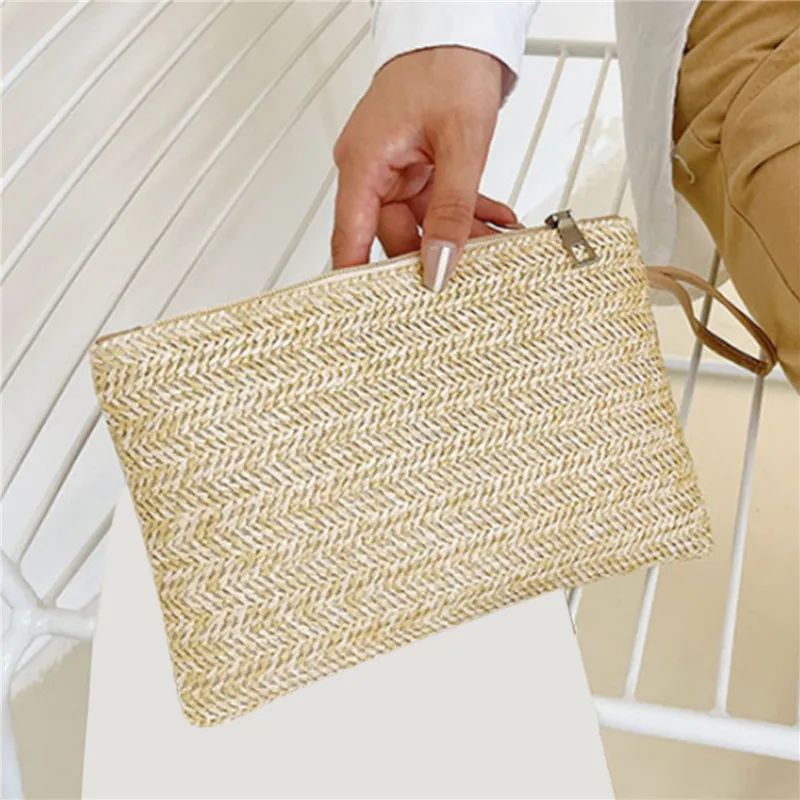 Weaving Bag Fashion Ladies Wristlet Clutch Women Daily Money Phone Clutch Solid Straw Woven Coin Purse Beach Wallet Card Holder