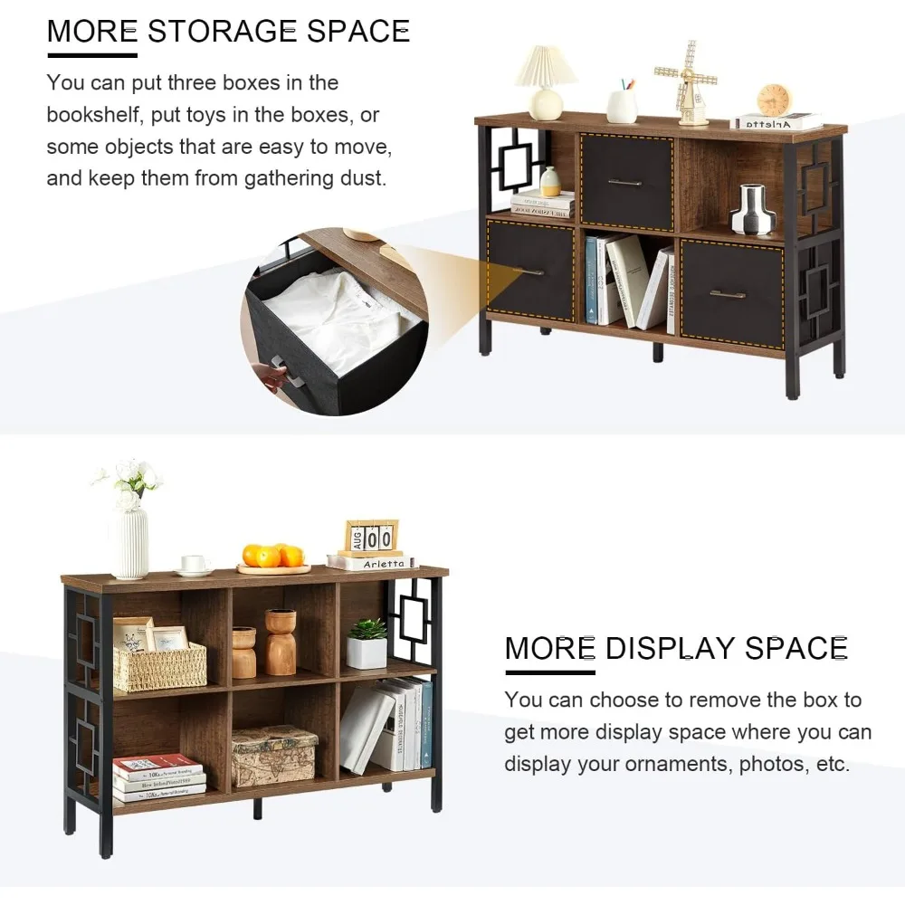 Rustic 6-Cube Storage Shelf with Metal Frame and 3 Bin Organizers