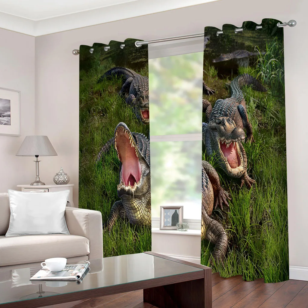 HUANZHUANG Curtains For Living Room Eyelet Grass Crocodile Pattern Blackout Curtain Thermal Insulated 2 Panels Printing Ring