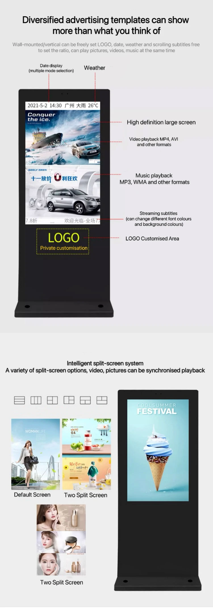 65 Inch High Outdoor Indoor Vertical LCD Display Screen Digital Stand Advertising Display with Digital Signage and Display