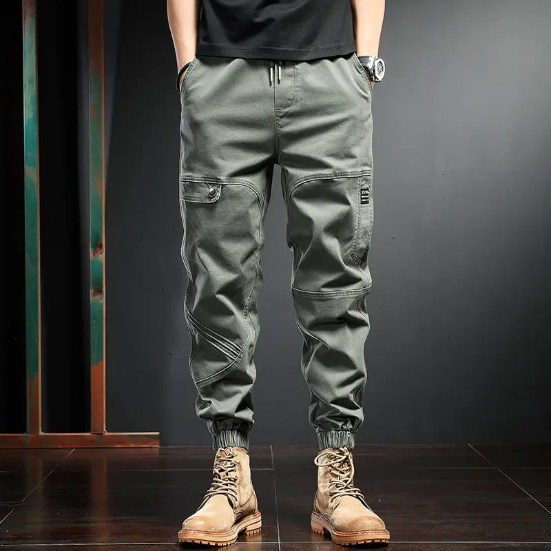 Military American Vintage Casual Men Cargo Pants Spring Autumn Solid Elastic Waist Drawstring Straight Sports Tactical Trousers