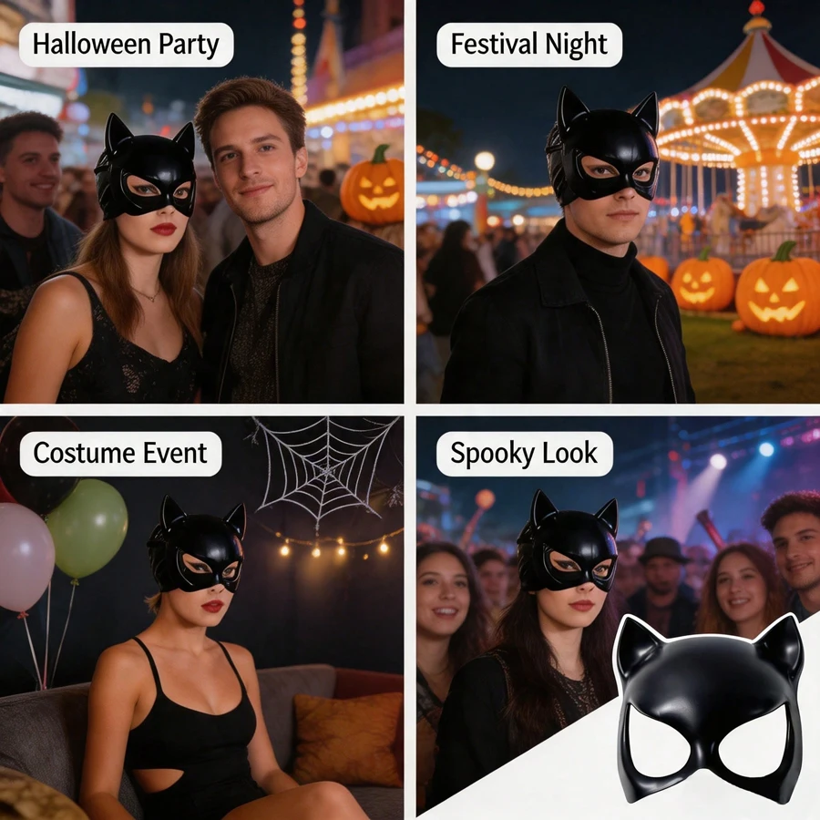 Schwarze Katzenfrau-Halbmaske, Katzenohren-Maskerade-Maske, Halloween-Cosplay-Party-Kostüm-Maske für Frauen – Detail 1