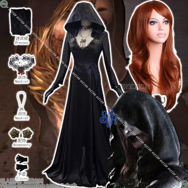 

Винтажный длинный халат ужасов вампира, черный, глубокий V, большая шляпа, кружевное готическое платье, Лолита, Хэллоуин, Cos Bela, аниме-игра, костюм Dimitrescuuu