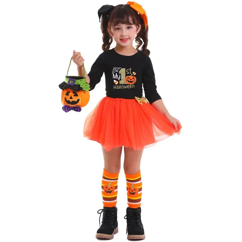 

Children's Halloween Pumpkin Elf Cosplay Costume Printed Pompadour Dress