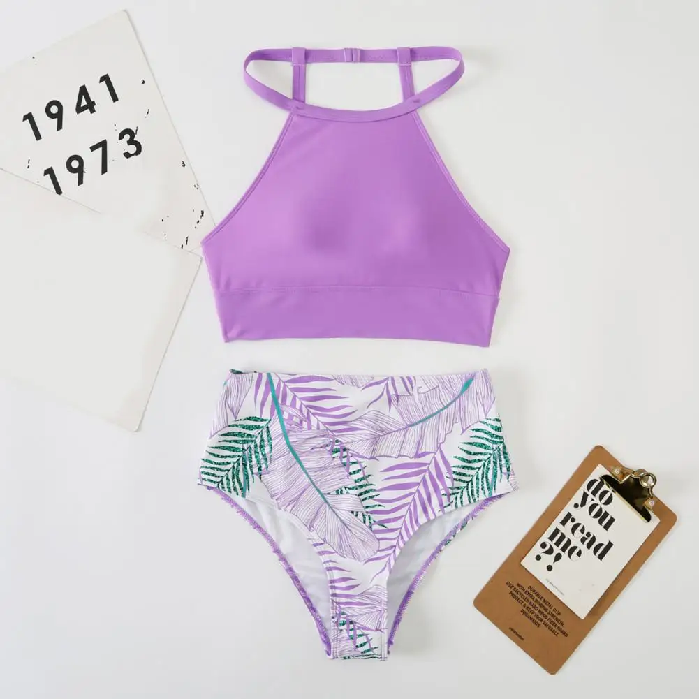 2Pcs/Set Eye-attractive Bathing Suit Skin-touch Swimming Suit Backless Lady Tummy Control Leaves Print Swimsuit  Push-up