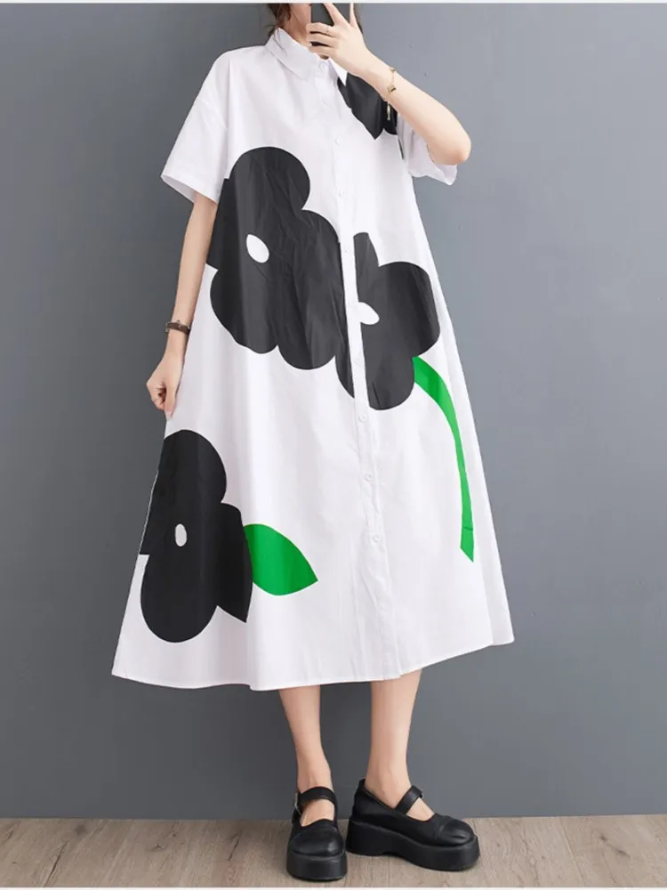 Oversized Summer Midi Shirts Dress Women Flower Print Fashion Ruffle Pleated Ladies Dresses Short Sleeve Loose Woman Dress